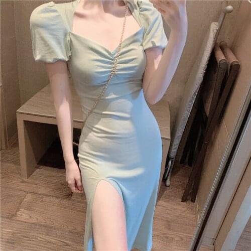 Hi Girl Vintage Elegant Dress Summer Short Puff Sleeve Slash neck High Slit Mid Long Dress Sexy Bodycon Sheath Vestido Dresses