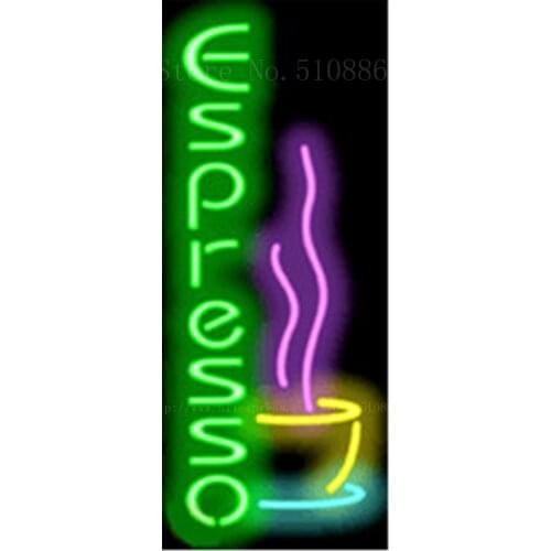 Espresso with Cup Vertical Neon sign Real Glass Tube Bulbs Light Bar Beer Club Decoration Signboard coffee leisure drink 17"x14"