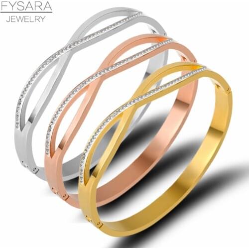 FYSARA 361L Stainless Steel Cross Crystals Bangles & Bracelets for Women Cubic Zirconia Infinity Bangles Luxury Brand Jewelry