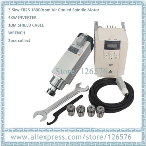 GDF46-18Z/3.5 3.5Kw air cooled Spindle motor ER25 18000RPM + 4Kw 1000HZ Frequency Inverter + 10m Shield cable