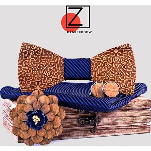 Fashion Mens Wooden Bow Tie Navy Blue strip Carved Self Bowtie Suit Man Business Wedding Cufflinks Accessories Gravata Bowknots