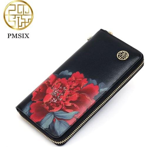 PMSIX Fashion Printing Flowers Cow Leather Women Wallet Luxurious Brand Chinese style Clutch Card Holder Purse Mobile Phone Bag