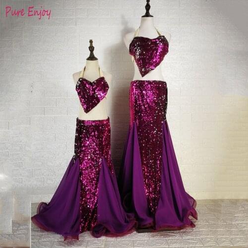 Custom made Sexy Women Long Sequin Mermaid Maxi Dress Oriental Belly Dance Costume Set Bra Skirt Dancing Maxi Party Dress