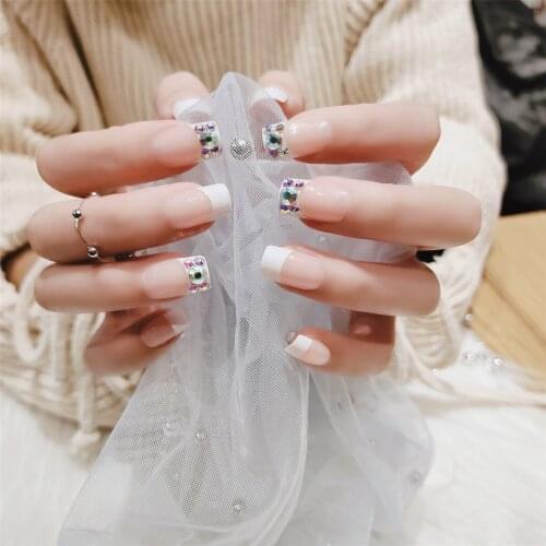 24PCS/Set False Nails with glue Faux Ongles shiny Nude Pink acrylic artificial nails colorful Glitter decor girls Fake nail tips