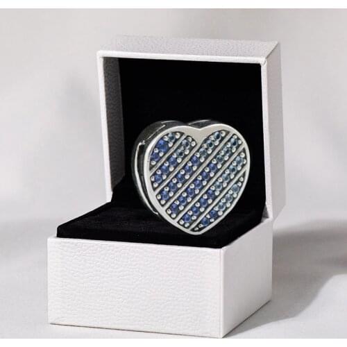 New Spring Charms Reflexions style Blue Pave Heart Clip Charm 925 Sterling Silver beads Fit charm Bracelets DIY S925 jewelry