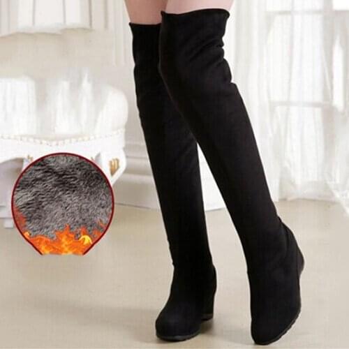 Elastic Flock Slim Fit Over The Knee Boots Women Autumn Sexy Ladies High Heel Wedges Long Thigh High Botas