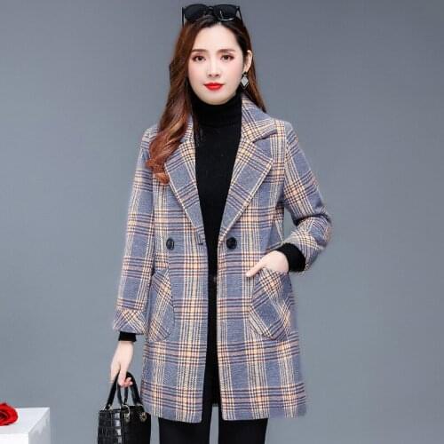 Autumn Winter Womens Woolen Plaid Jacket Plus Size Middle-aged Mother Loose Long-sleeved Coat Slim Casual Female Outwear Tops