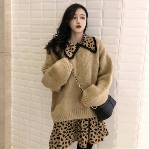 Autumn Winter Female Dresses Sets Retro Two-piece Vintage Pullover Leopard Print mini Dress with Doll Collar and Solid Sweater