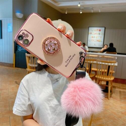 Luxury plating Soft Fur Ball Strap ring holder phone case For Samsung Galaxy Note20U S20Plus A51 A71 Note10Lite S10Lite 2020 A40