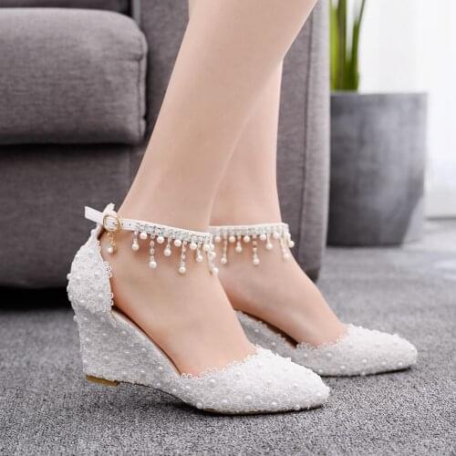 White Wedges Wedding Pumps Sweet White Flower Lace Pearl Platform Pump Shoes Bride Dress High Heels