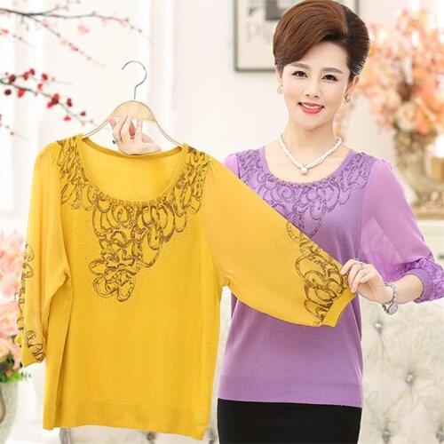 Mothers clothing 2021 Spring Summer Thin Pullover Knitted Shirt Loose Female O neck Tops Casual ice silk 3/4 sleeve T-shirts