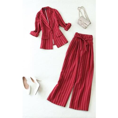 Women Elegant Striped Pant Suits Fashion White blazer And Jacket Striped Wide leg Pants Elegant two-piece Set Female Suits W870