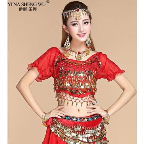 Womens Belly Dance Costume Shirt Chiffon Lantern Short Sleeve Gold Coins Top&tees Indian Clothing Belly Dancing Perfomance Tops