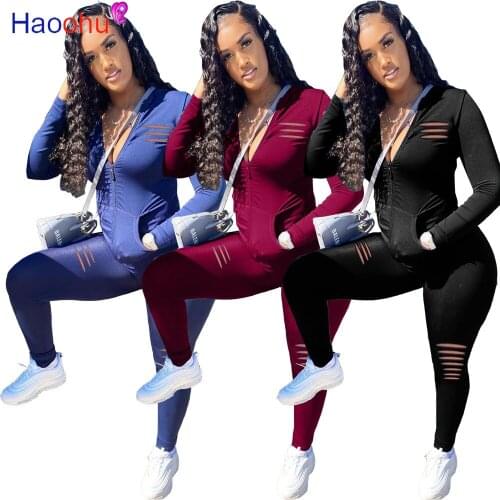 Women Fitness Workout Two Piece Suit Casual Outfits Long Sleeve Zipper Bandage Jackets and Hollow Hole Skinny Pants Streetwear