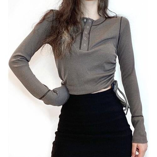 E-girl Vintage Ribbed Grey Cropped Tops Y2K Fashion O-neck Long Sleeve Ruched T-shirts Indie Aesthetics Outfits