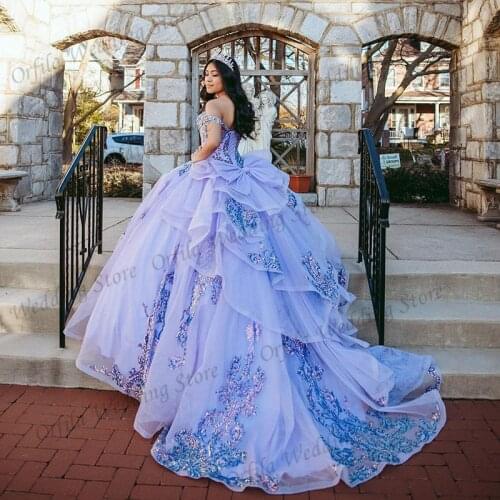 Vestido Sequins Quinceanera Dresses Off Shoulder Lace Applique Sweet 16 Corset Dress 2021 vestidos de XV años Ball Prom Gowns