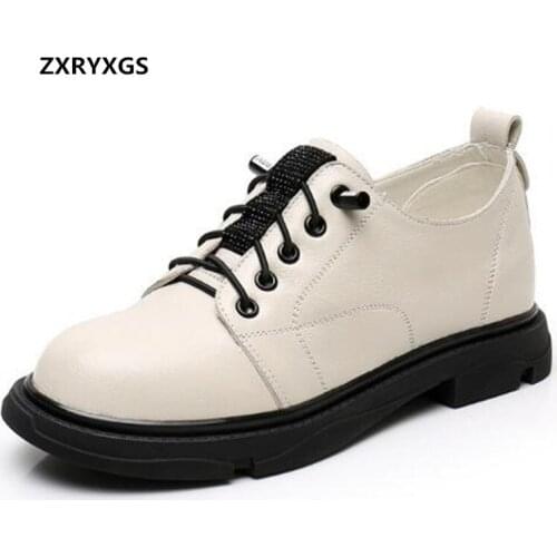 ZXRYXGS Top Cowhide Lace-up Women Shoes Fashion Wild Thick Bottom Non-slip Flat Shoes Casual Sneakers Large Size Leather Shoes