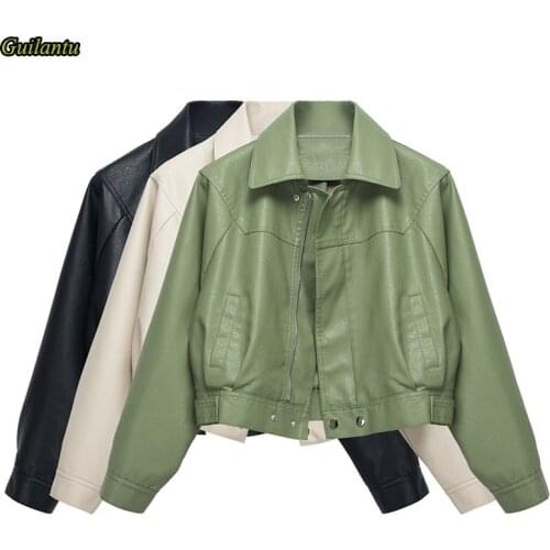 2021 Womens Motorcycle Faux Leather Jacket Outerwear Turn-down Collar Zipper Short Female Coat Punk Biker Ladies Jacket