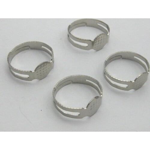50 Silver-plate Tone Adjustable Ring Blank Findings GLUE ON Base 8mm Pad
