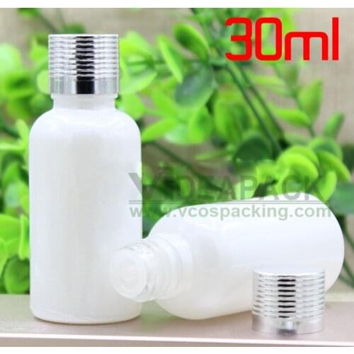 50pcs 30ml white glass empty bottle / Essential oil bottle silver aluminum cap Essence hyaluronic acid containe