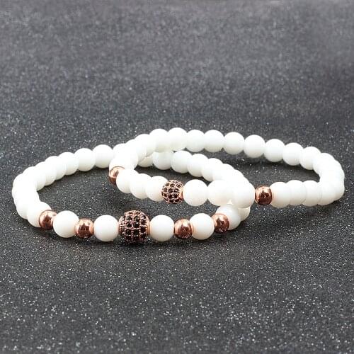 2Pcs/Set Couples Bracelet 6MM Natural Stone Micro Pave CZ Disco Ball Elastic Rope Beaded Bracelets Bangles For Women Men Jewelry