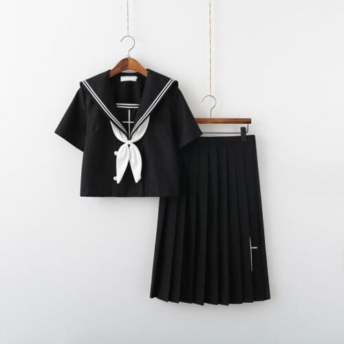Black School Uniform JK Uniform Sailor Suit Anime Cosplay Costume Top Pleated Skirt Short Long Sleeve Japanese High School Girls