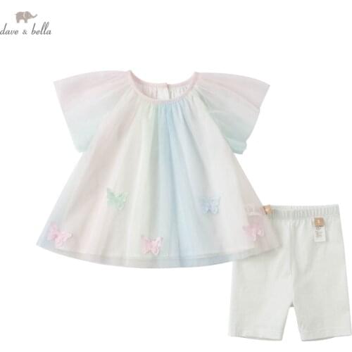 DBZ18147 dave bella summer baby girls cute caartoon appliques clothing sets kids fashion short sleeve sets children 2 pcs suit