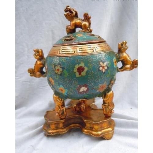China pure bronze gild Cloisonn enamel beautifully Foo Dogs Lion incense burner
