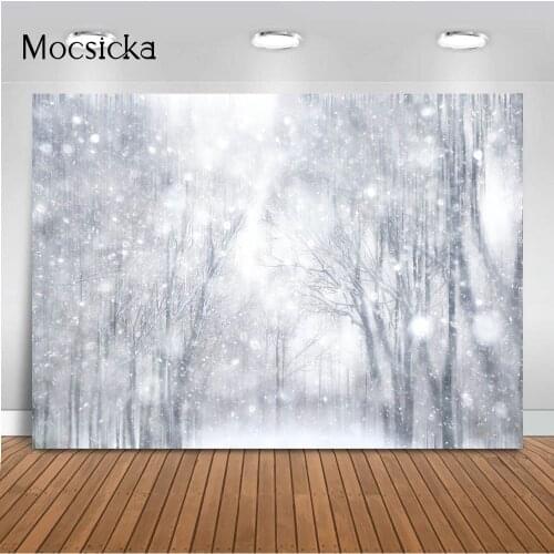 Winter Snow Forest Photography Backdrop White Snowflake Newborn Children Portrait Background for Photo Studio Road Tree Glitter