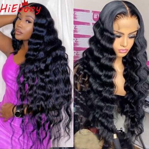 HiEbony Deep Wave Lace Front Wig Pre Plucked Glueless Lace Front Wigs Remy Black Human Hair 13x4 Front Lace Wigs 150% Density