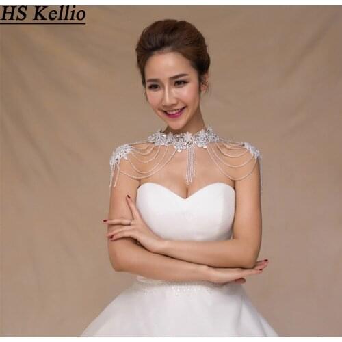 High Collar Lace Bridal Jacket Beading And Chains Wedding Bolero Beaded Shoulders