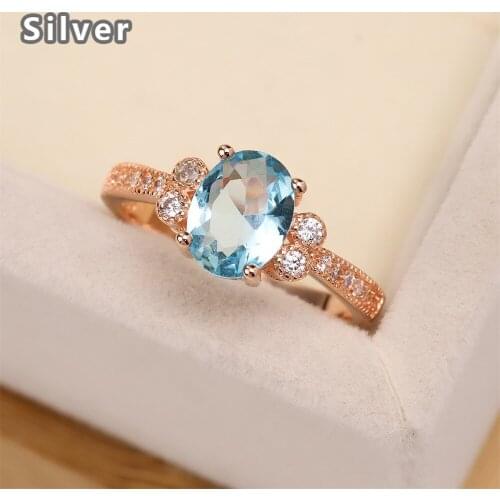 Best selling European and American S925 silver plated rose gold wedding ring zircon lady light blue goose egg crystal jewelry