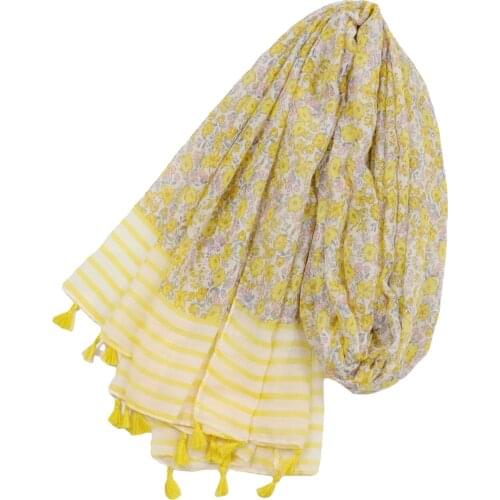 2021 New Floral Print Tassel Scarf Shawls Soft Stripe Pattern Hijab Wrap 4 Color