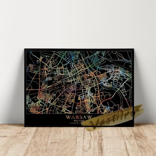 Poland Capital City Map Poster, Warsaw Geographic Position Wall Picture, Warsaw Black Background Colour Line Wall Art, Idea Gift