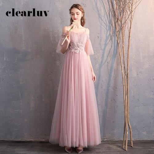 Bridesmaid Dress Sexy Sling Wedding Guest Gowns R255 O-Neck Off The Shoulder Robe De Soiree Pink A-Line Elegant Dresses 2020