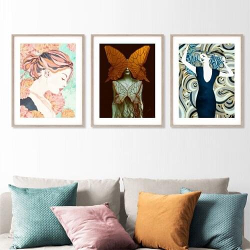 Girl Peony Dress Wooden Fan Face Abstract Wall Art Canvas Painting Nordic Posters And Prints Wall Pictures For Living Room Decor