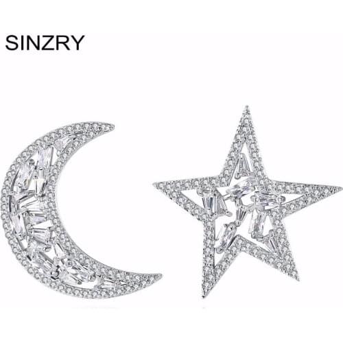 SINZRY Clear white New Moon & Star Dazzling cubic zircon Stud Earrings for Women uneven earring Fashion Jewellery Brincos Bijoux