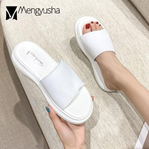 Indoor Platform White Slippers Women Patchwork Genuine Leather Shoes Muffins Heels Slides Pantufa Flipflops Ladies Home Slippers