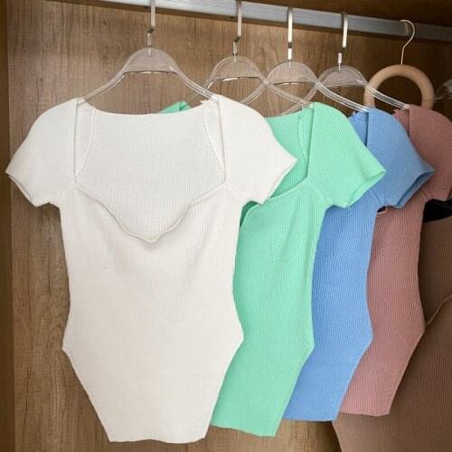 Super Chic Blogger Popular V-neck All-match Knitted T-shirt Sexy Slit Basic Essentials Short Sleeve Top