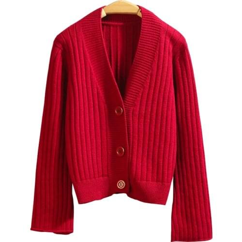 Knitted Women Sweater And Cardigan Solid V-Neck Button Loose Slim Female Flare Sleeved Fashion Outwear Coat Tops