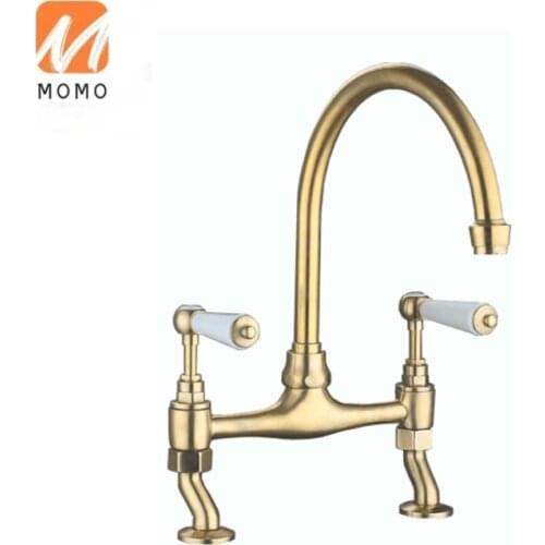 High quality bridge double handle antique luxury brass gold kitchen faucet