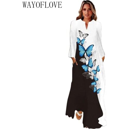 WAYOFLOVE Butterfly Print Dress 2021 Long Sleeve Autumn Casual Plus Size Dresses Woman Elegant Girl White Black Long Dress Women