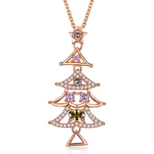 ZEMIOR Romantic Christmas Tree Pendant Necklaces For Women 5A Clear Cubic Zirconia Rose Gold Color Necklace Girl Fashion Jewelry