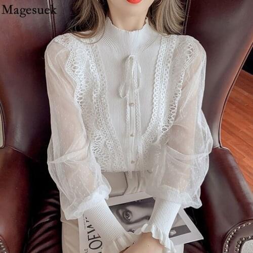 Korean 2021 Autumn Stand Collar Bow Tie Womens Blouse Ruffle Stitched Chiffon Sleeve Bottomed Sweater Hollow Shirt Blusas 16847