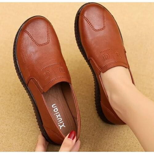 Womens genuine Leather casual shoes Moccasins womens Loafers Ladies Sewing Round toe non-slip flat shoes woman