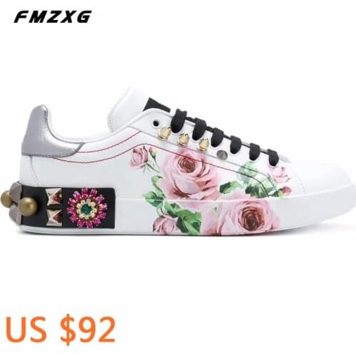 Shoes Woman Flat Platform Shoes Fashion Floral Print Rivet Sneakers Women Luxury Brand Designers Shoes Genuine Leather Quality
