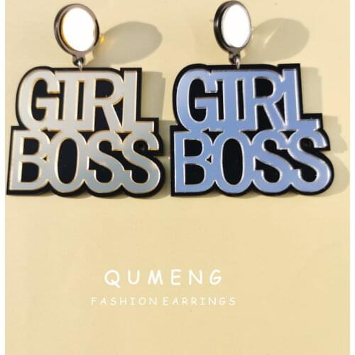 QUMENG 2020 New Design Fashion Jewelry Big GIRL BOSS Mirror Earrings For Women Hip pop punk Style Party Exaggerated Earrings