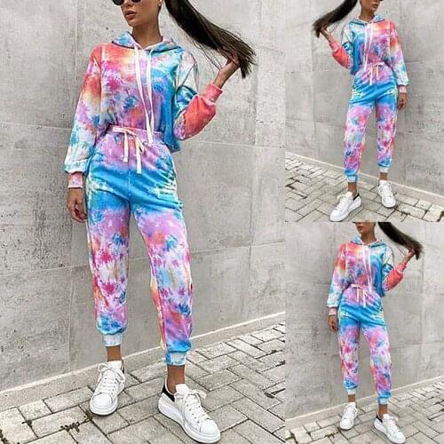 Women Casual Sportswear Long Sleeve Pullover Tops Blue Tie dye High Waist Tie feet Pants 2020 Winter New Fashion Streetwear