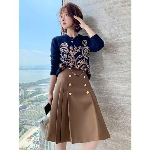 Retro embroidery pattern round neck temperament all-match knitted sweater womens 2020 autumn and winter new