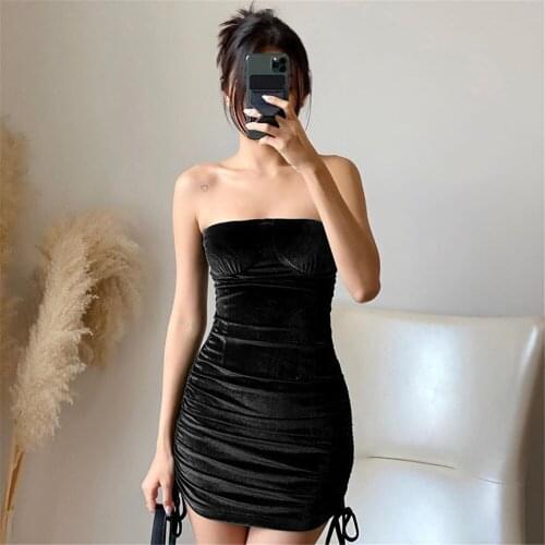 Summer Women Velvet Sleeveless Ruched Slim Fit Dress Sexy Strapless Solid Color Boat Neck Dress With Drawstring 2021